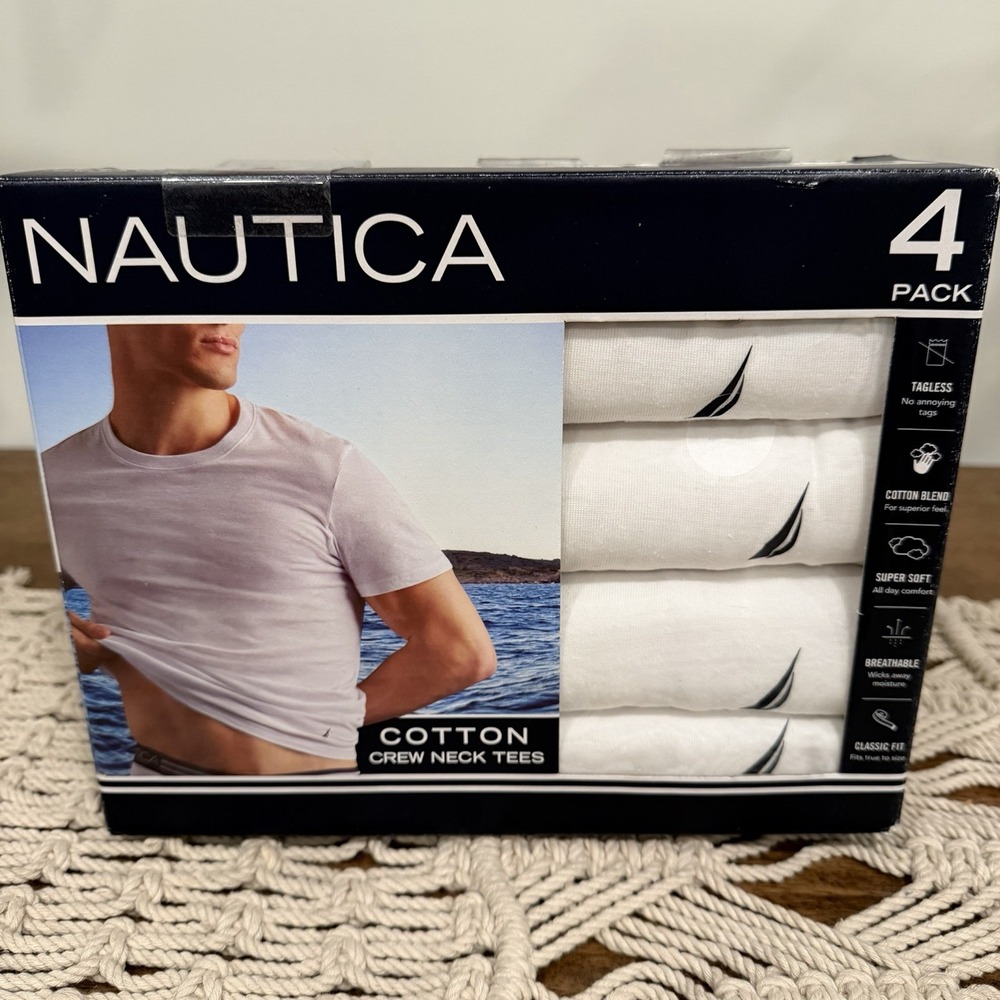 Nautica White Tees 4-Pack 60% Cotton Crew Neck T-Shirts Logo Size Large NEW